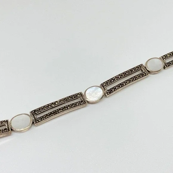 Vintage 925 Sterling Silver Marcasite Mother Of Pearl Chain Link Bracelet 7.5" - Picture 6 of 6